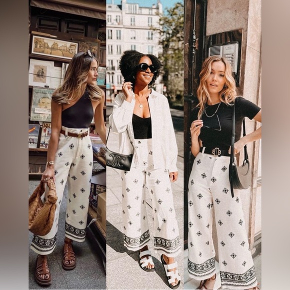ZARA Linen Blend Embroidered Wide Leg Pants White Black Boho Resort S